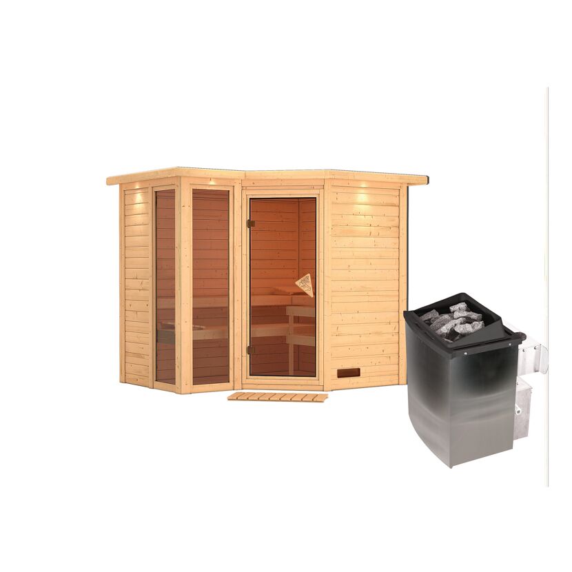 Ecksauna aus Holz mit Saunaofen