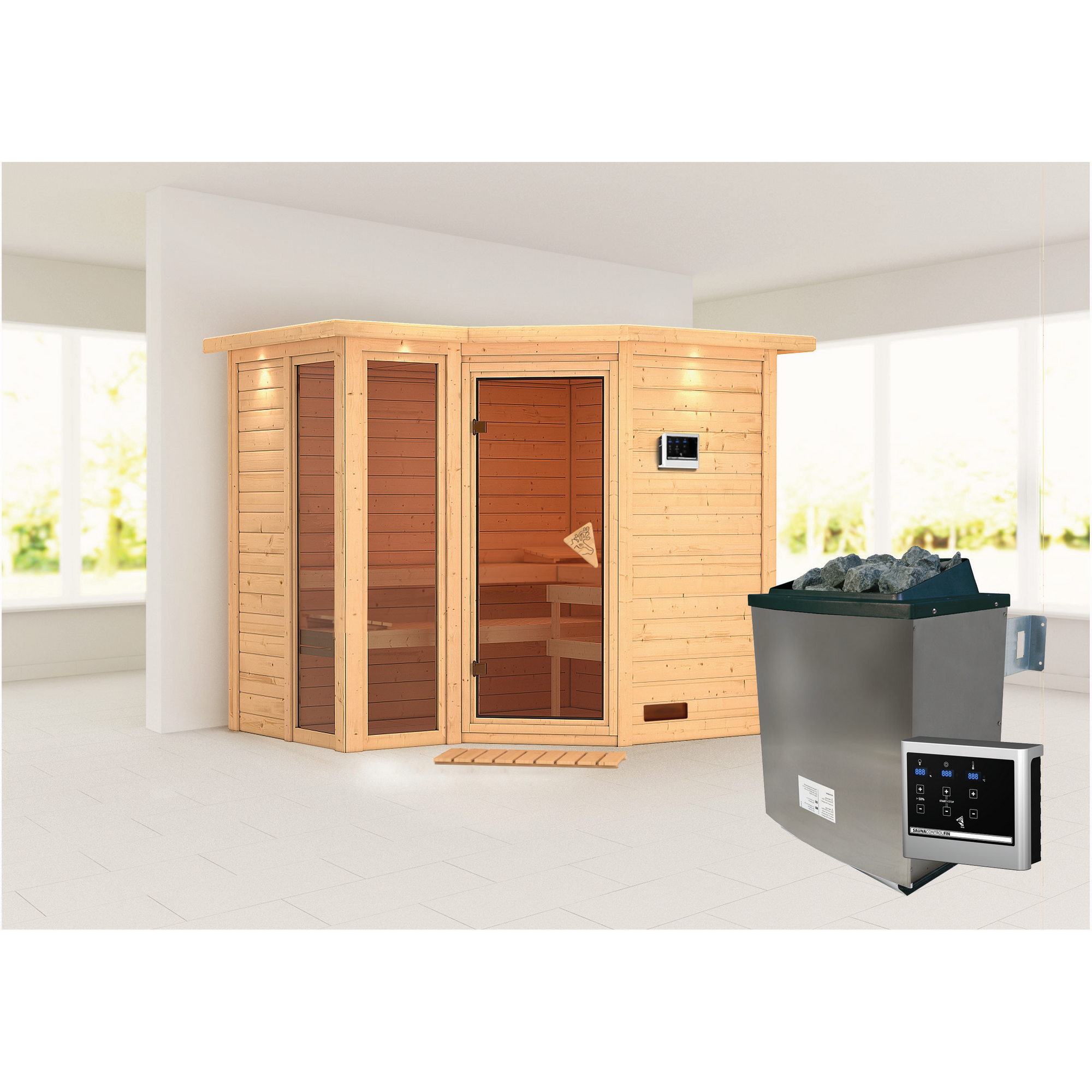 Massivholzsauna 'Ricarda' naturbelassen mit Kranz und bronzierter Tür 9 kW Ofen externe Steuerung Easy 264 x 198 x 212 cm + product picture