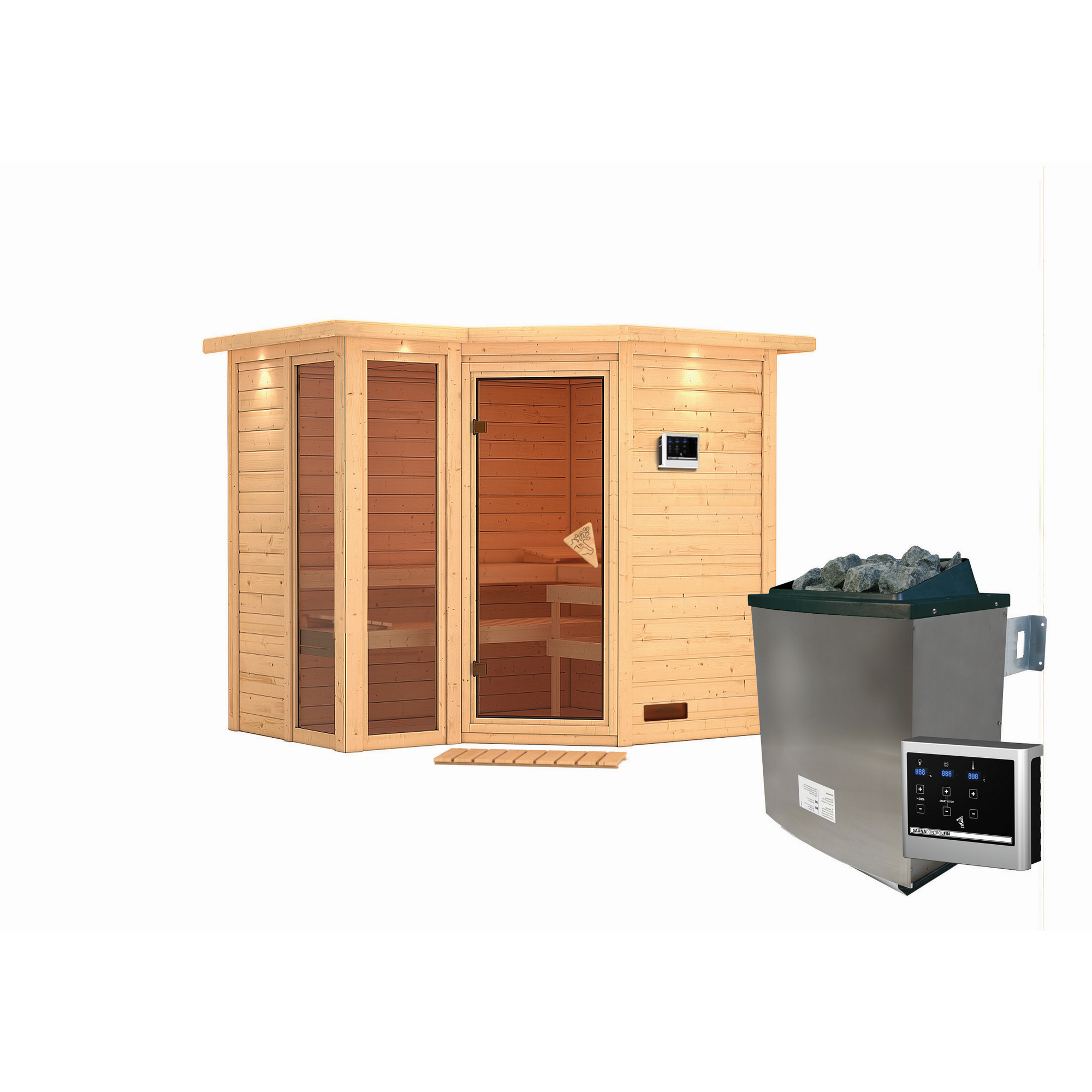 Massivholzsauna 'Ricarda' naturbelassen mit Kranz und bronzierter Tür 9 kW Ofen externe Steuerung Easy 264 x 198 x 212 cm + product picture