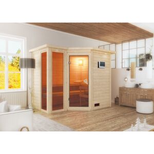 Massivholzsauna 'Ricarda' naturbelassen mit Kranz und bronzierter Tür 9 kW Bio-Ofen externe Steuerung Easy 264 x 198 x 212 cm