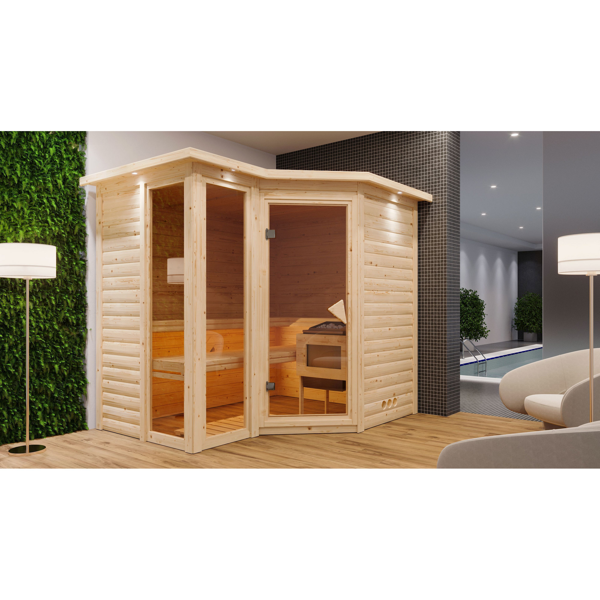 Massivholzsauna 'Ricarda' naturbelassen mit Kranz und bronzierter Tür 9 kW Bio-Ofen externe Steuerung Easy 264 x 198 x 212 cm + product picture