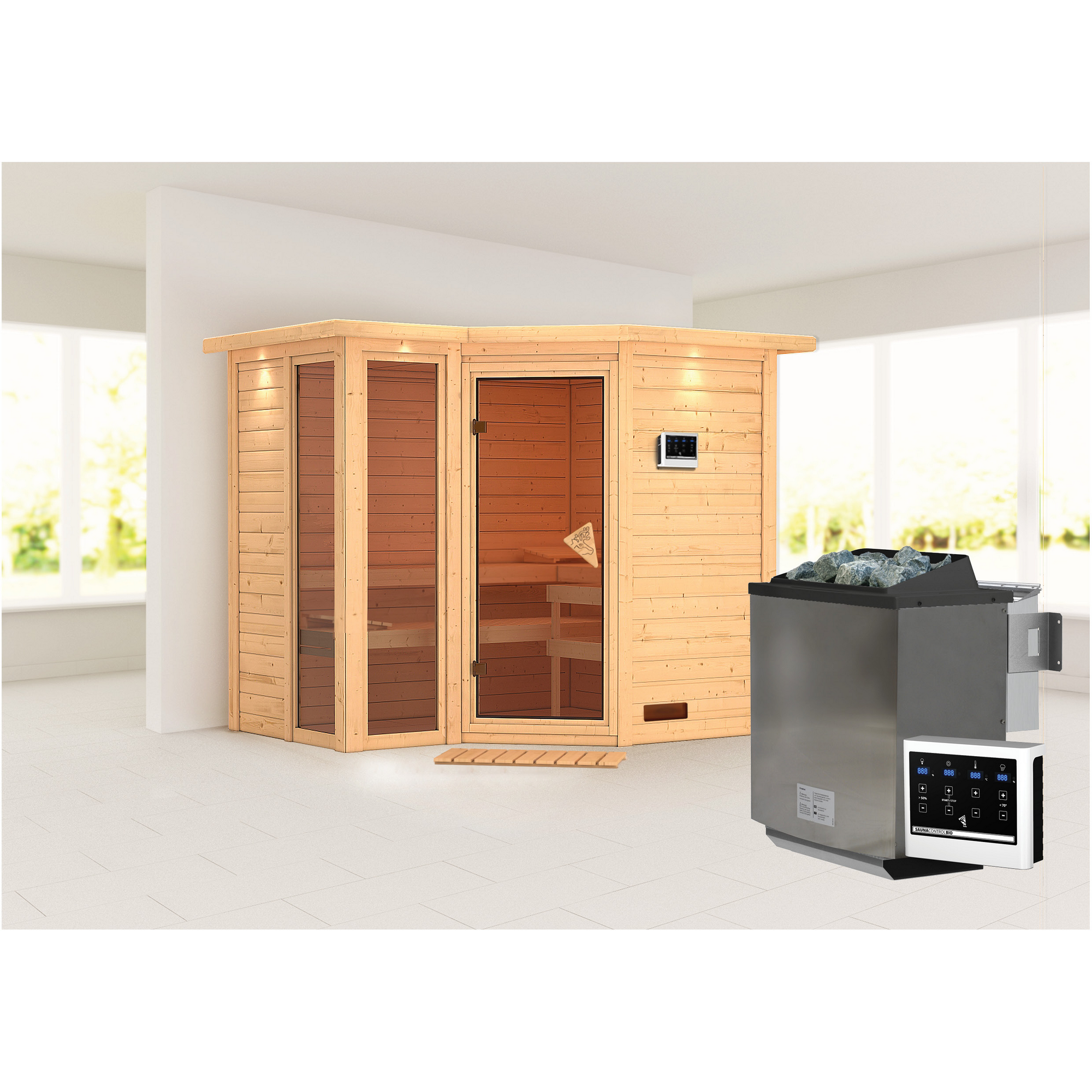 Massivholzsauna 'Ricarda' naturbelassen mit Kranz und bronzierter Tür 9 kW Bio-Ofen externe Steuerung Easy 264 x 198 x 212 cm + product picture