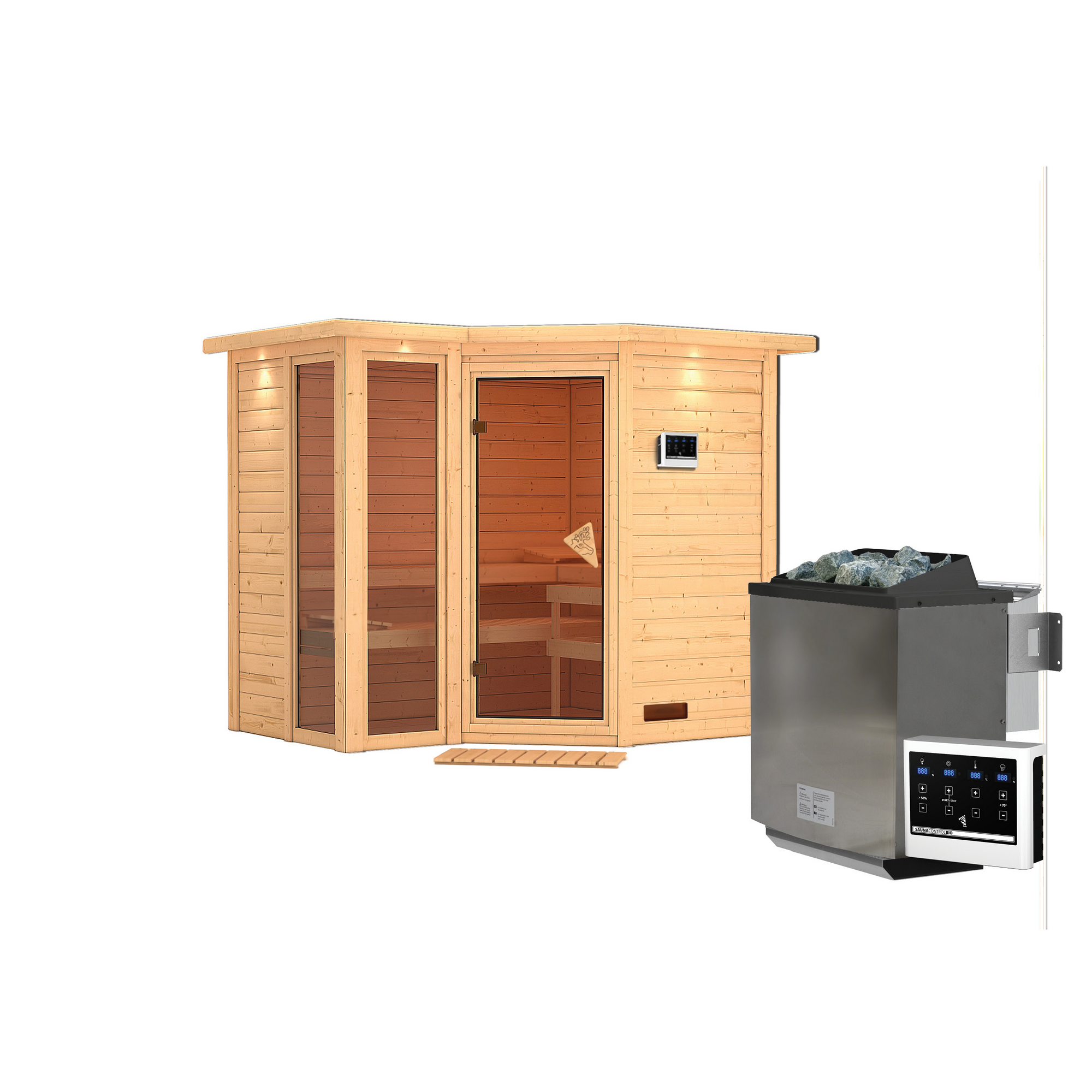 Massivholzsauna 'Ricarda' naturbelassen mit Kranz und bronzierter Tür 9 kW Bio-Ofen externe Steuerung Easy 264 x 198 x 212 cm + product picture