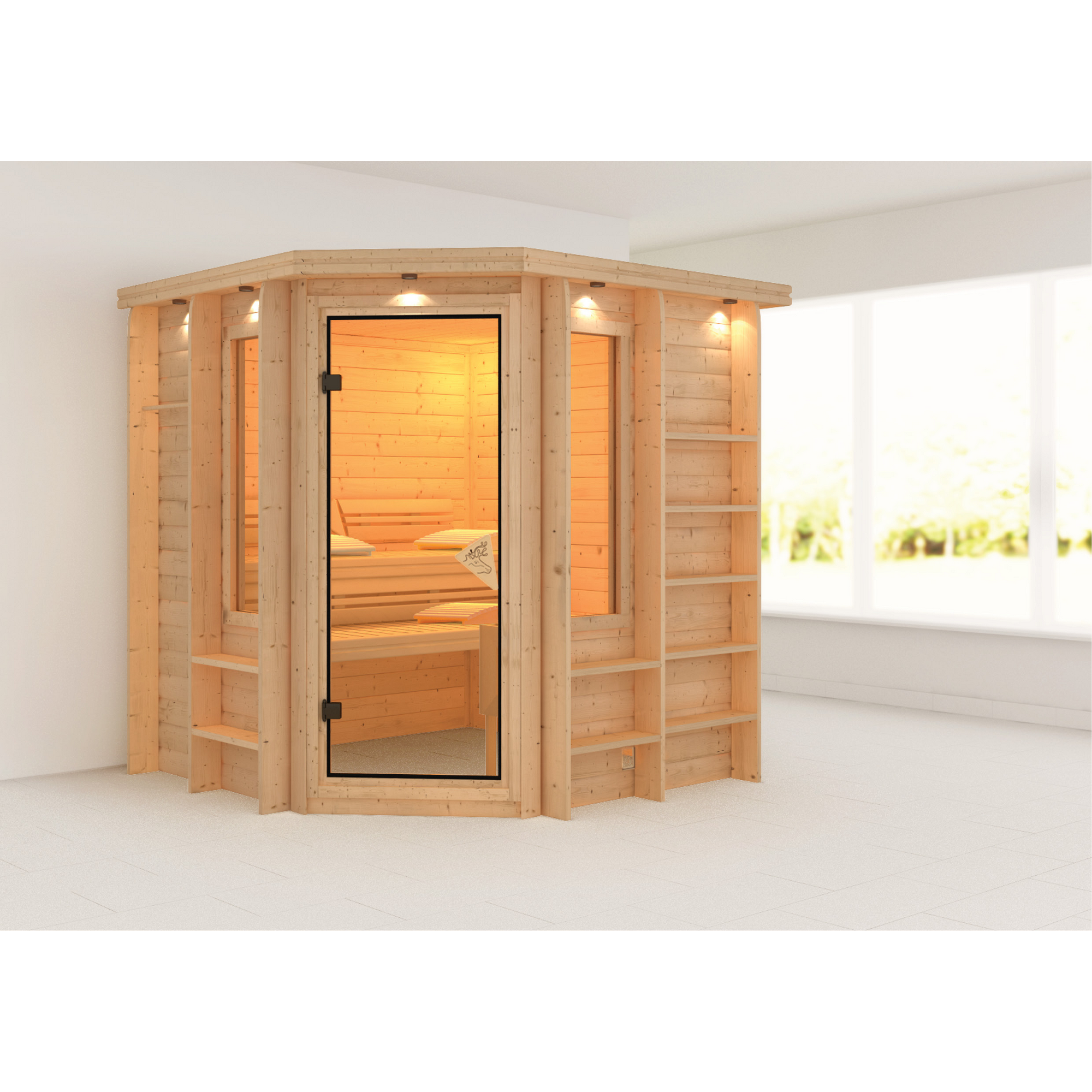 Karibu Massivholzsauna 'Sofia' naturbelassen mit Kranz und bronzierter Tür 224 x 210 x 206 cm