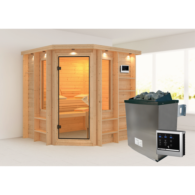 Bild von Massivholzsauna 'Sofia' naturbelassen mit Kranz und bronzierter Tür 9 kW Ofen Edelstahl externe Steuerung Easy 224 x 210 x 206 cm