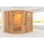 Eck-Sauna aus hellem Holz mit Glastür und Beleuchtung.