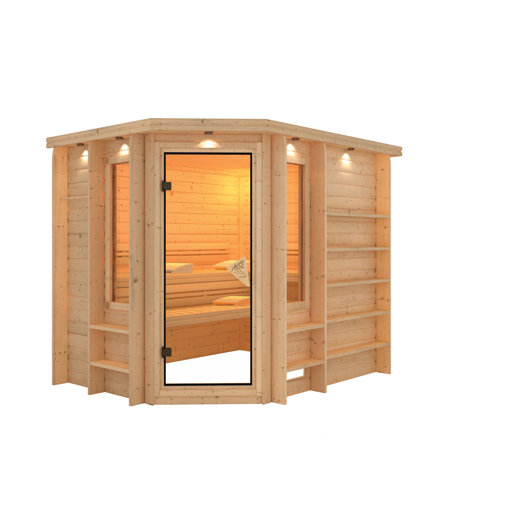 Eck-Sauna aus hellem Holz mit geöffneter Glastür.