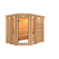 Eck-Sauna aus hellem Holz mit geöffneter Glastür.
