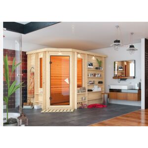 Massivholzsauna 'Vera' naturbelassen mit bronzierter Tür 9 kW Bio-Ofen externe Steuerung Easy 259 x 210 x 206 cm