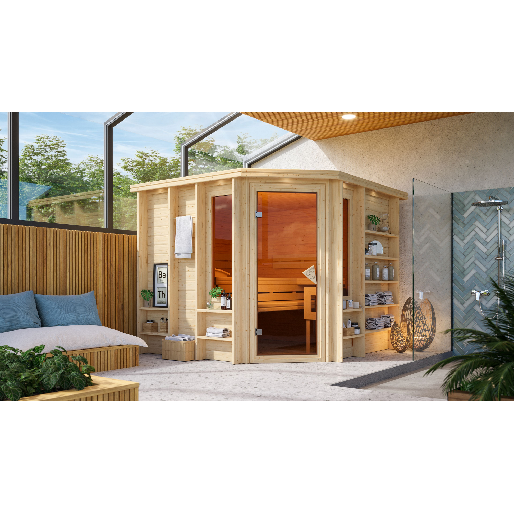 Eck-Sauna aus hellem Holz in einem Badezimmer