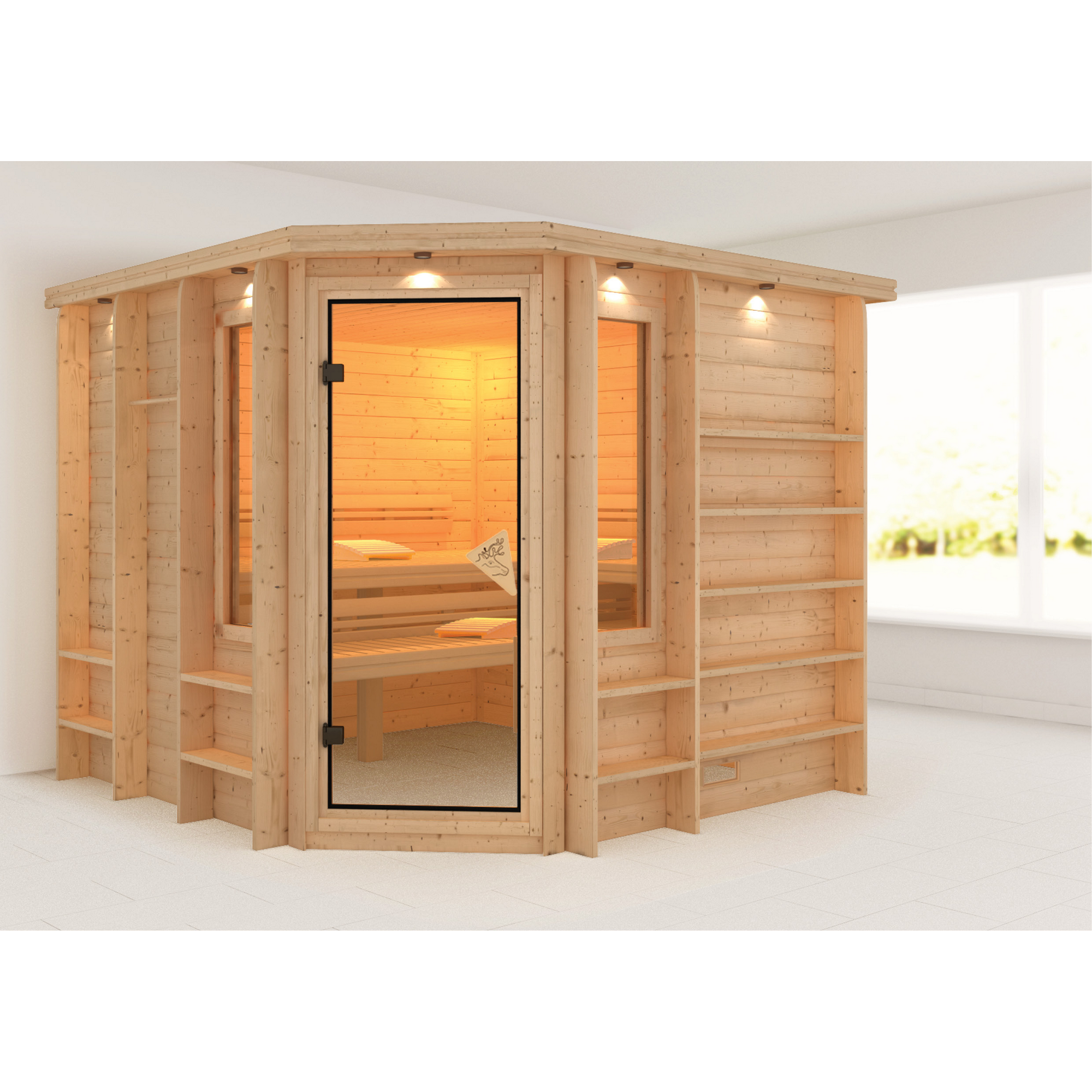 Eck-Sauna aus hellem Holz mit Beleuchtung und Glastür.