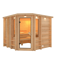 Eck-Sauna aus hellem Holz mit geöffneter Tür.