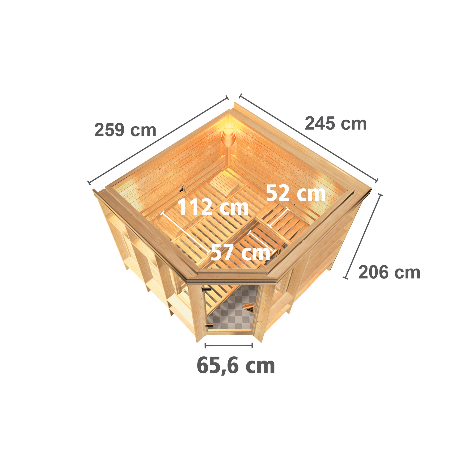Massivholzsauna 'Vega' naturbelassen mit bronzierter Tür 9 kW Ofen integrierte Steuerung 259 x 245 x 206 cm + product picture