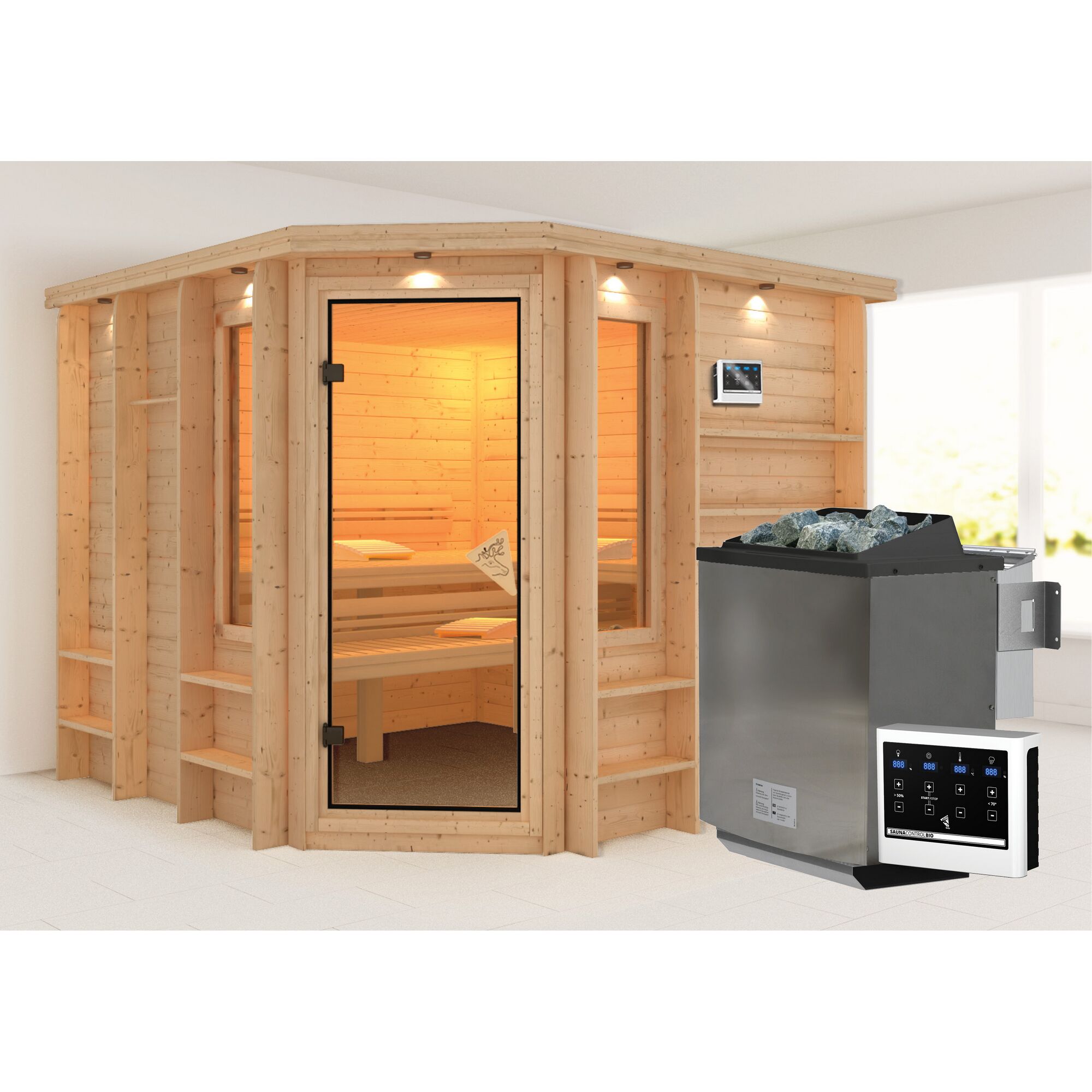 Eck-Sauna aus hellem Holz mit Saunaofen