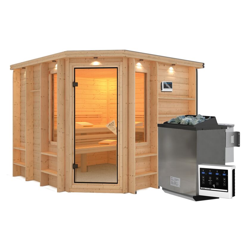 Eck-Sauna aus Holz mit Saunaofen und Steuerung