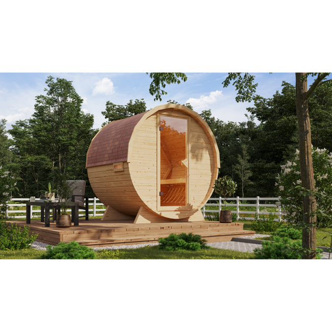 Bild von Fasssauna Größe 1 naturbelassen 9 kW Ofen integrierte Steuerung 225 x 175 x 229 cm