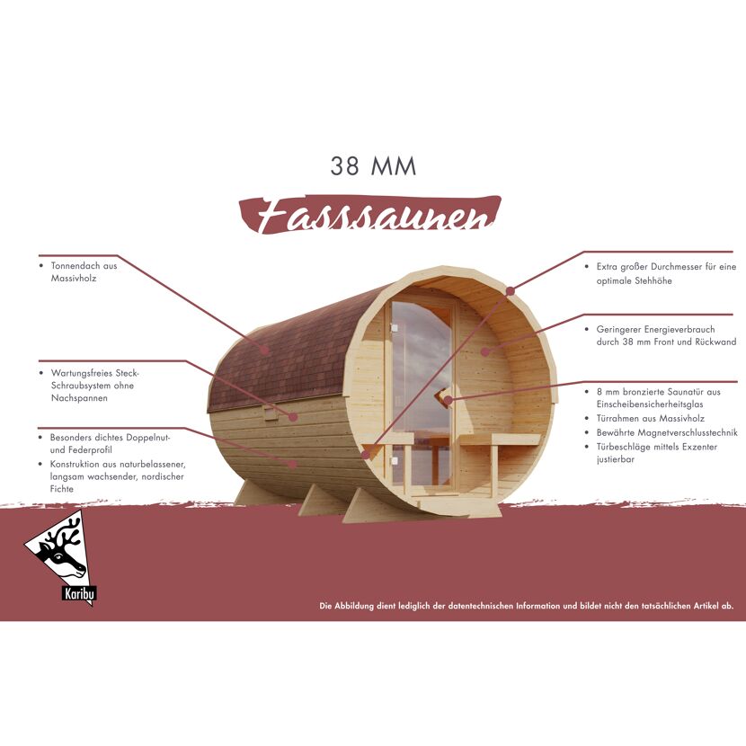 Fasssauna Größe 1 naturbelassen 9 kW Ofen integrierte Steuerung 225 x 175 x 229 cm