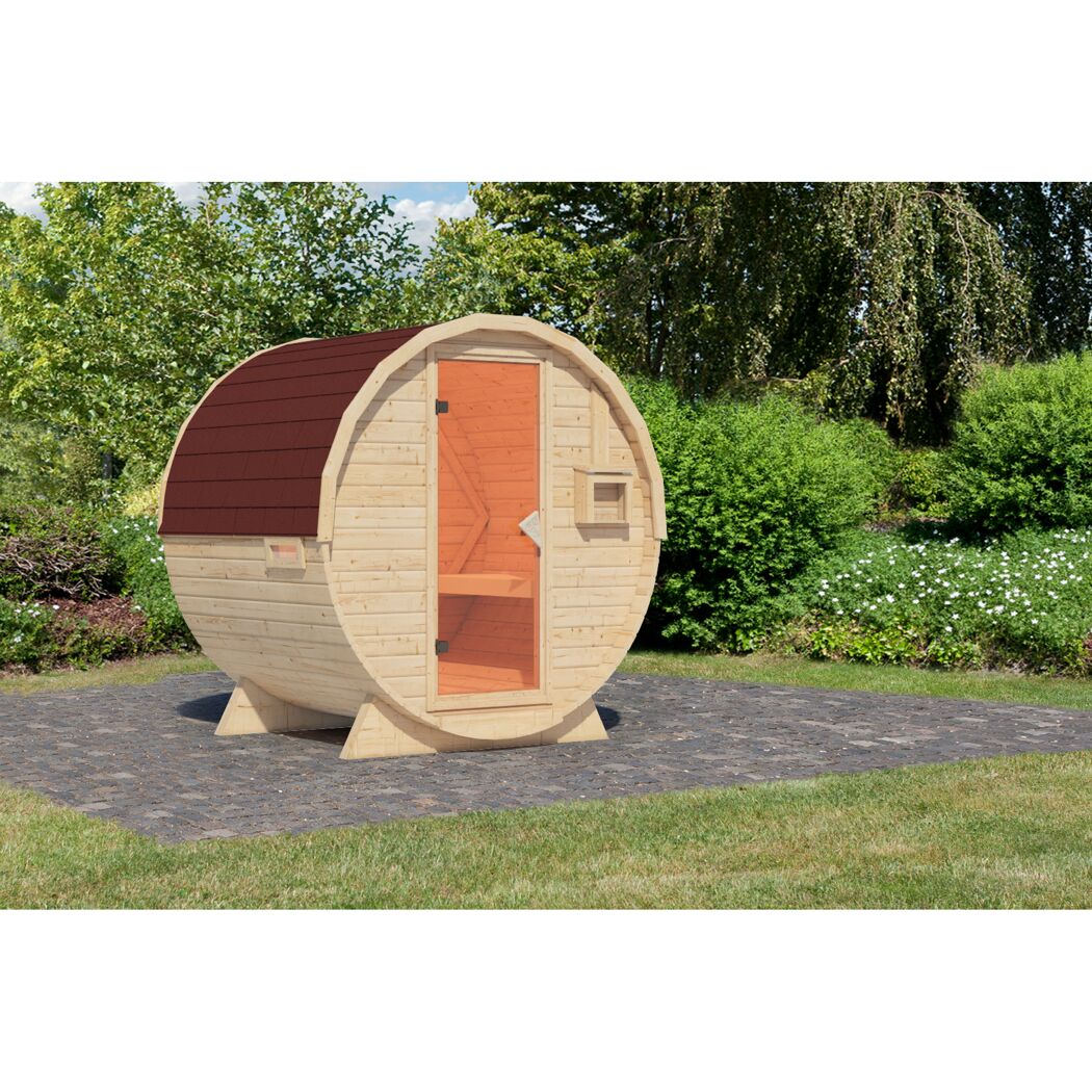 Fasssauna Größe 1 naturbelassen mit roten Schindeln 225 x 175 x 229 cm