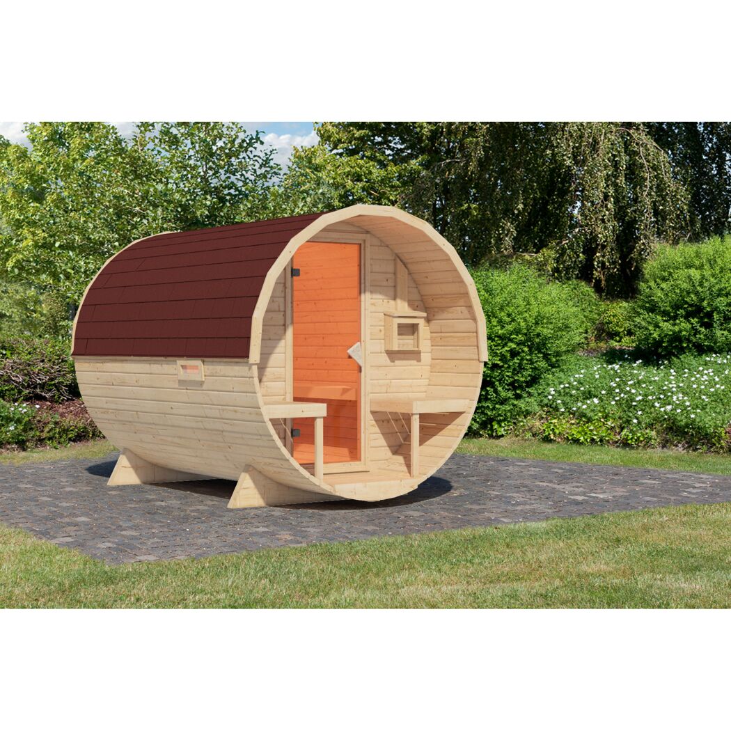 Fasssauna Größe 2 naturbelassen mit roten Schindeln 225 x 295 x 229 cm