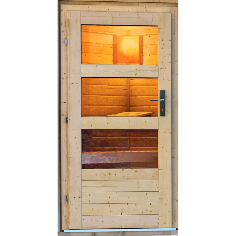 Saunatür aus hellem Holz mit Glaseinsätzen