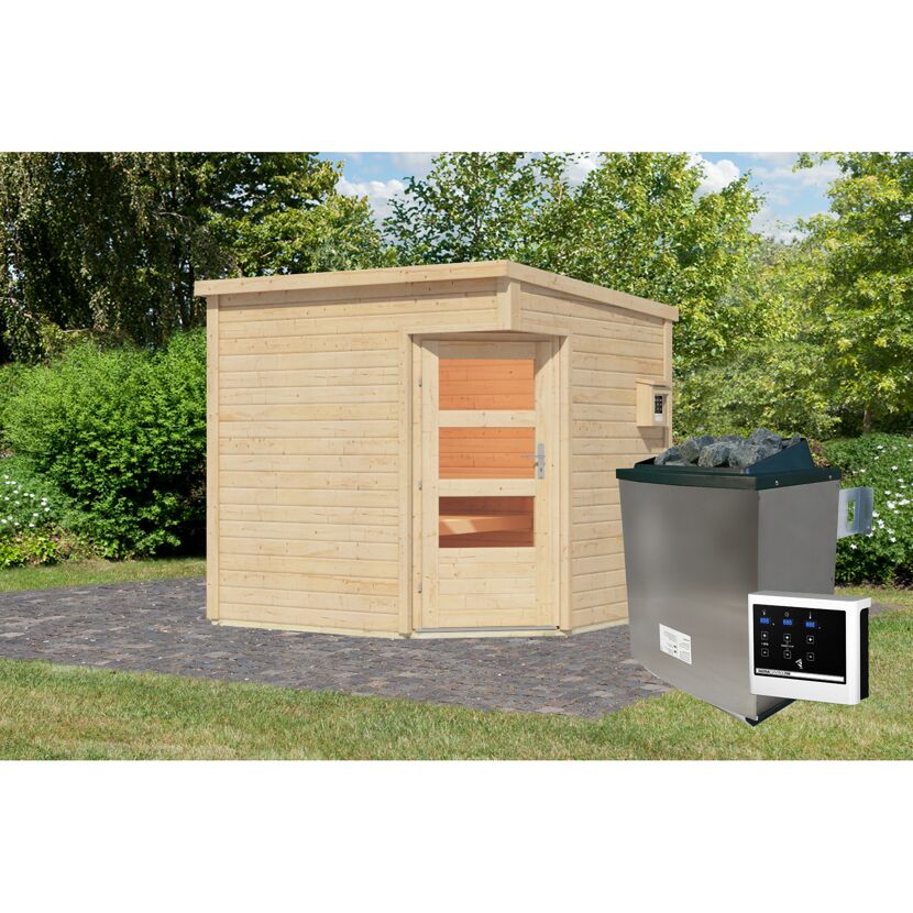 Ecken-Sauna aus Holz mit Saunaofen im Garten