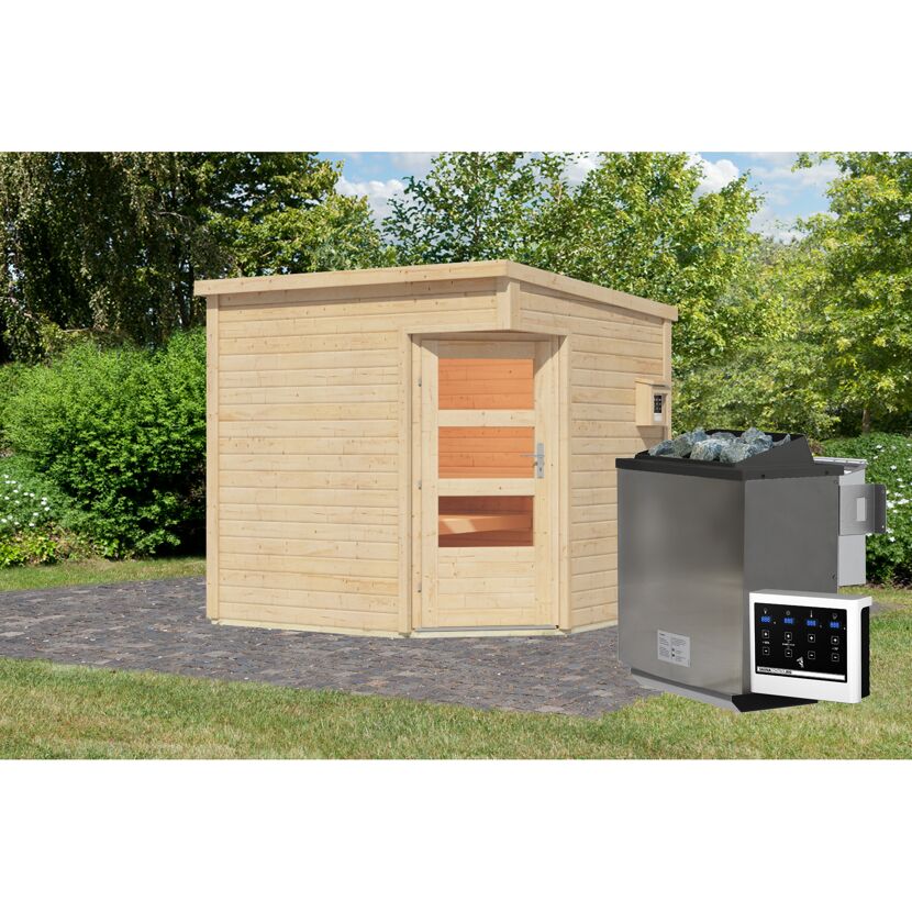 Saunahaus 'Carlos' naturbelassen 9 kW Bio-Ofen externe Steuerung 231 x 231 x 227 cm