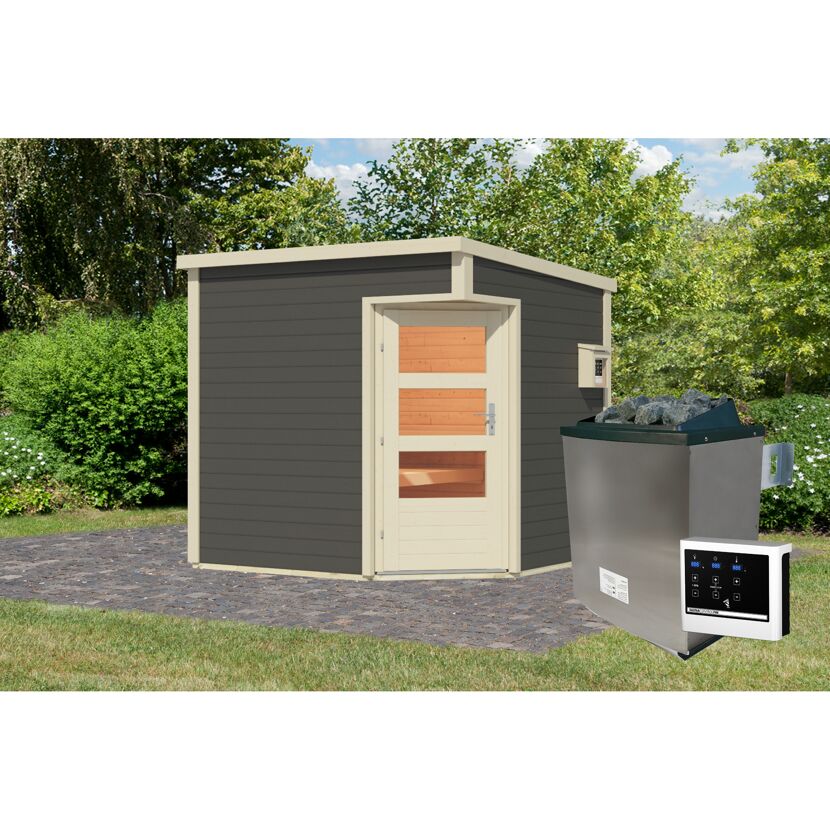 Außenansicht einer grauen Sauna mit weißem Türrahmen im Garten.