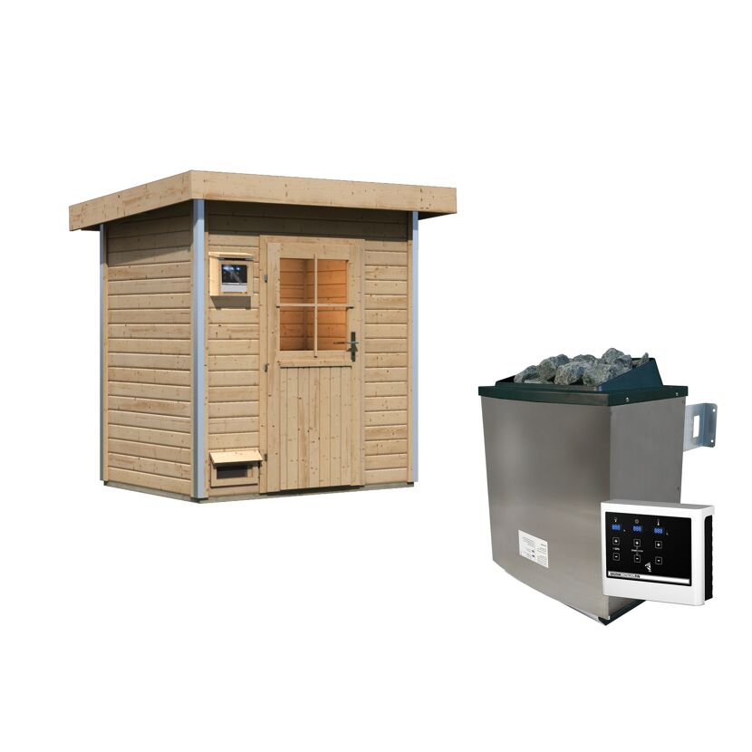 Saunahaus aus Holz mit Saunaofen