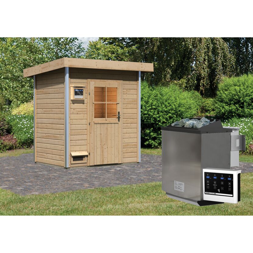 Saunahaus aus Holz mit Saunaofen