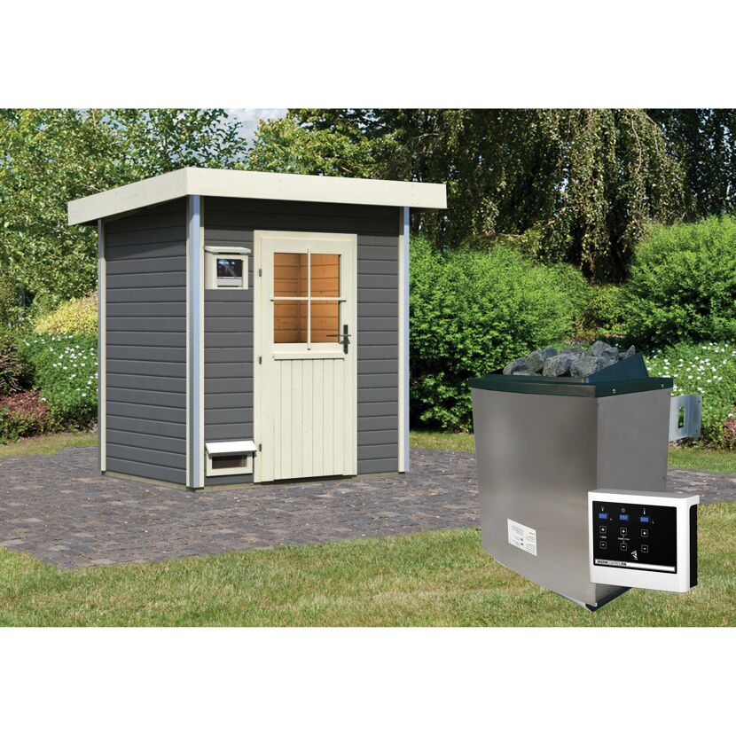 Grau-beiger Gartensauna mit Saunaofen