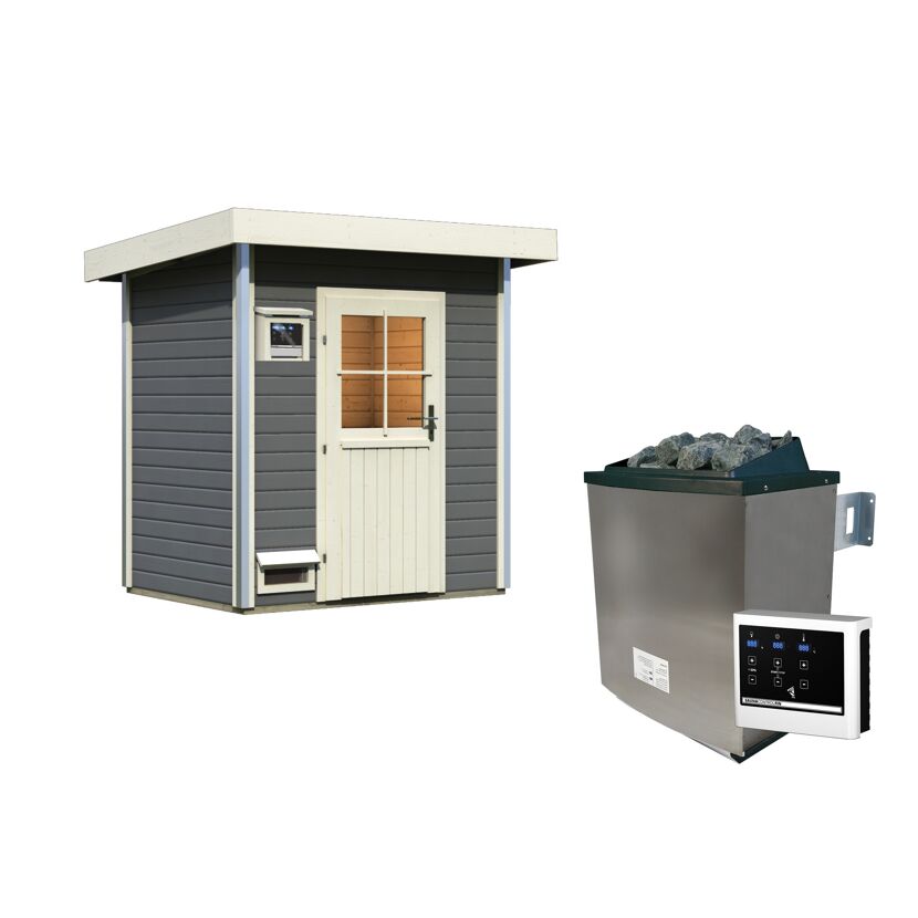 Graue Sauna mit beigefarbener Tür und Saunaofen