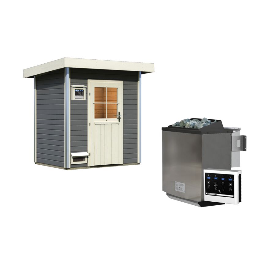 Graue Sauna mit weißem Dach und Tür, daneben Saunaofen