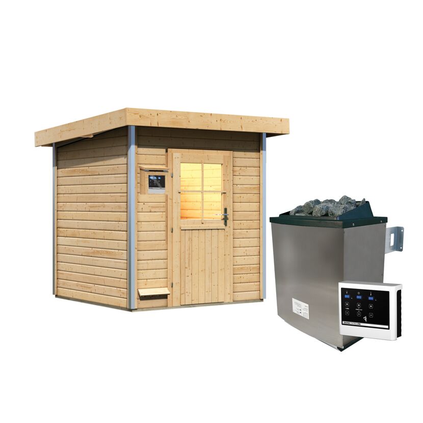 Saunahaus aus Holz mit Saunaofen