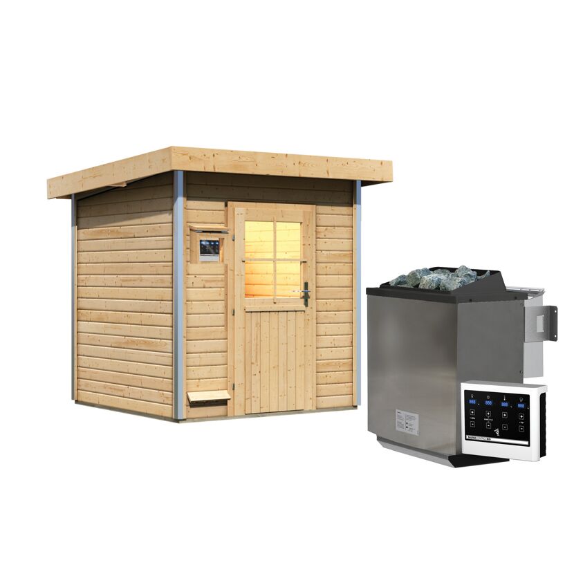Saunahaus aus Holz mit Saunaofen und Steuerung