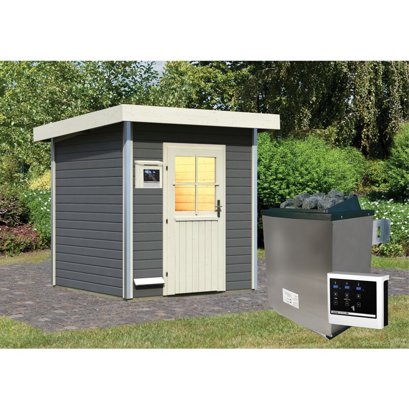 Graue Sauna mit weißem Türrahmen im Garten.