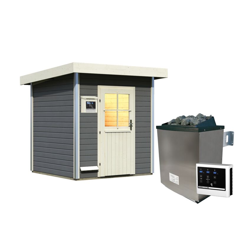 Graue Sauna mit Saunaofen und Steuerung