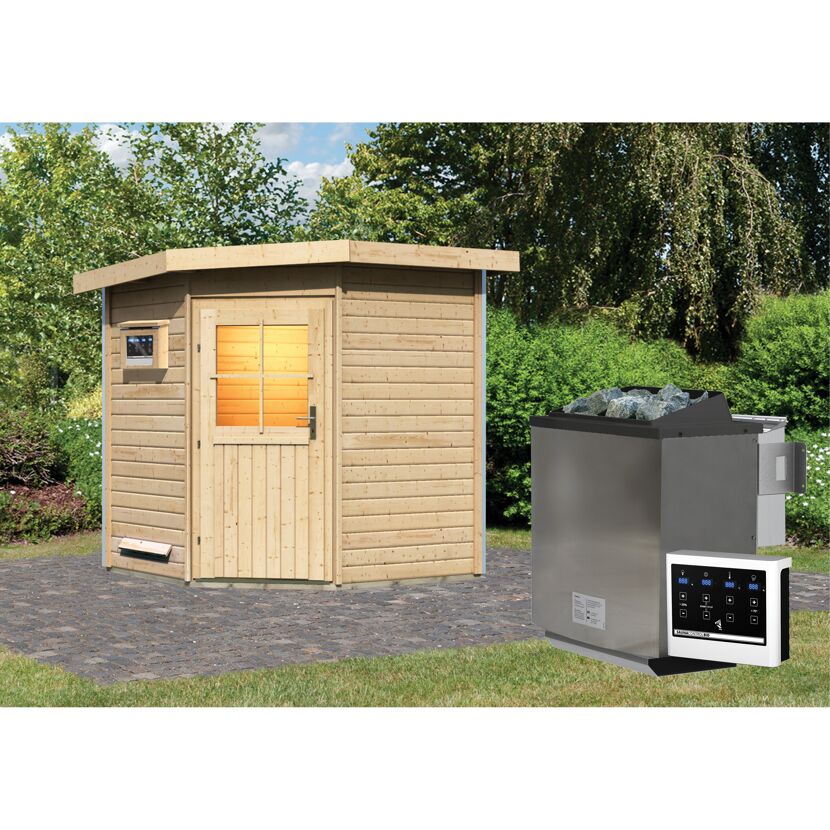 Ecksauna aus Holz mit Saunaofen
