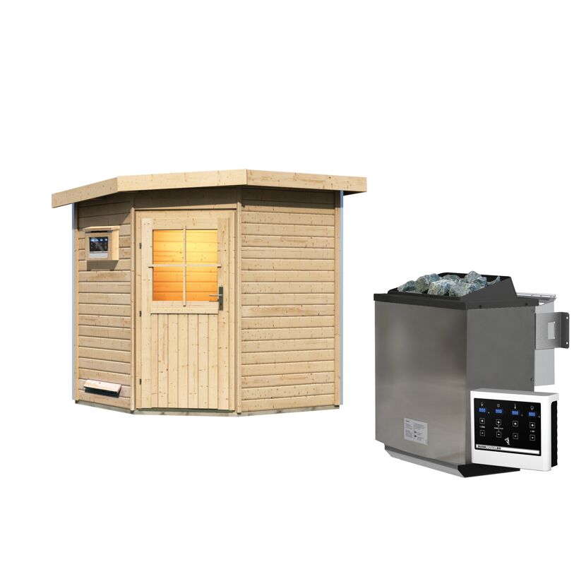 Eck-Sauna aus Holz mit Saunaofen