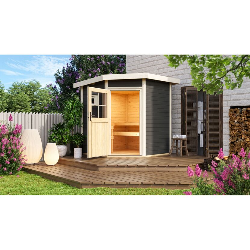 Eck-Sauna im Garten auf Holzterrasse