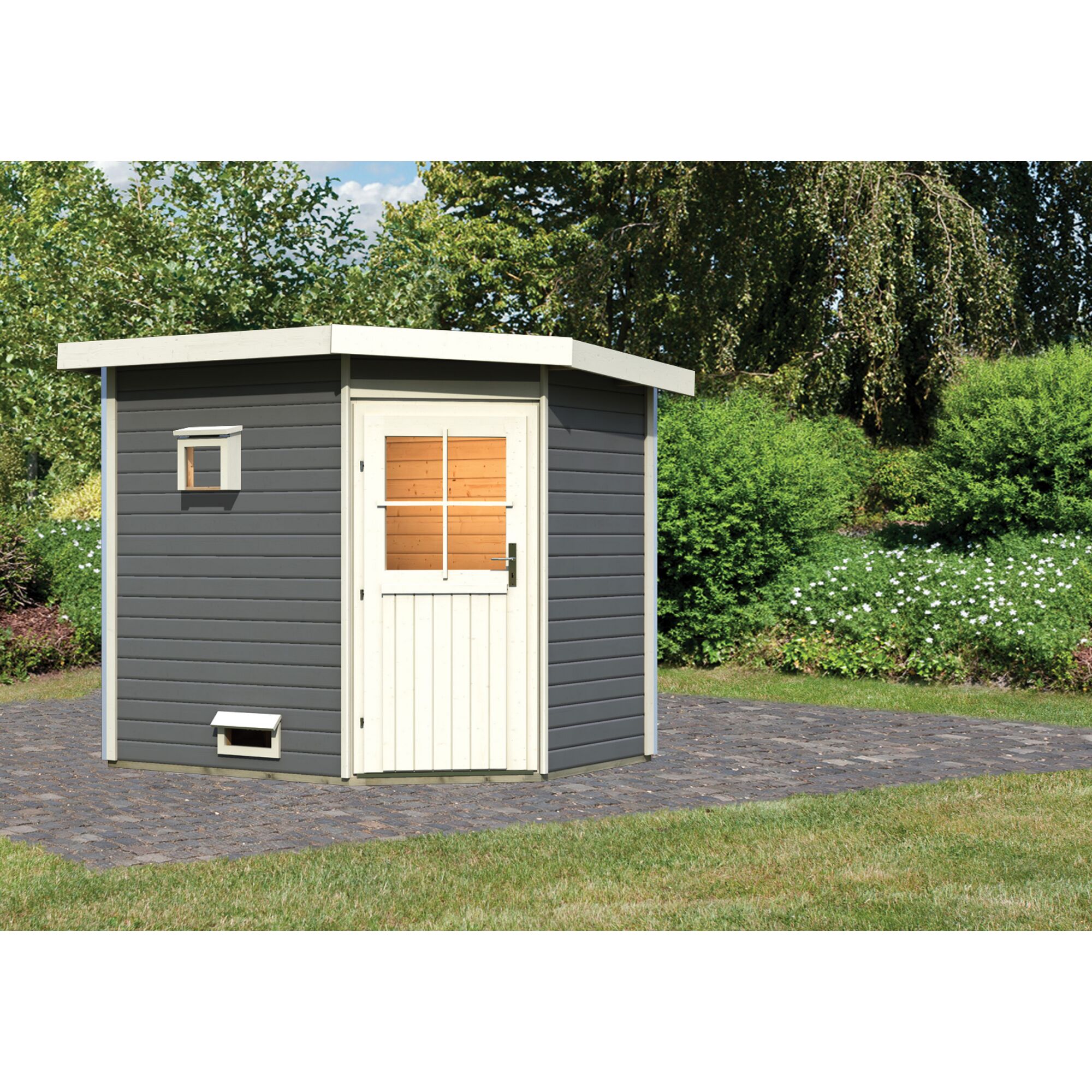 Fünfeckiges Gartenhaus in Anthrazit und Cremeweiß