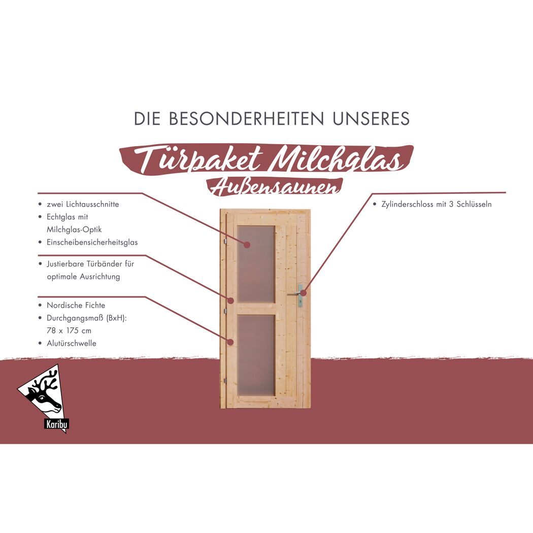 Holztür mit Glaseinsatz für Außensauna
