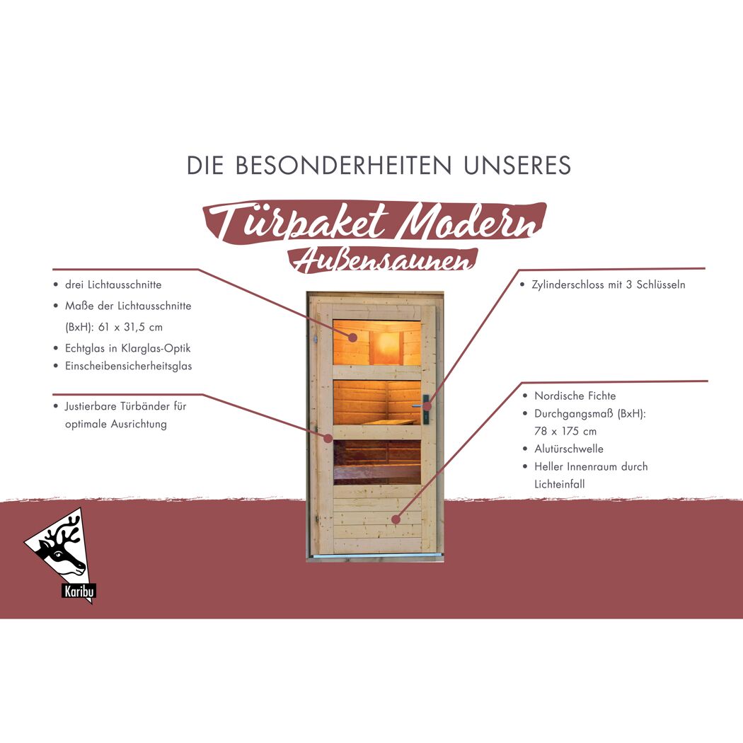Karibu Saunatür aus Holz mit Glaseinsatz