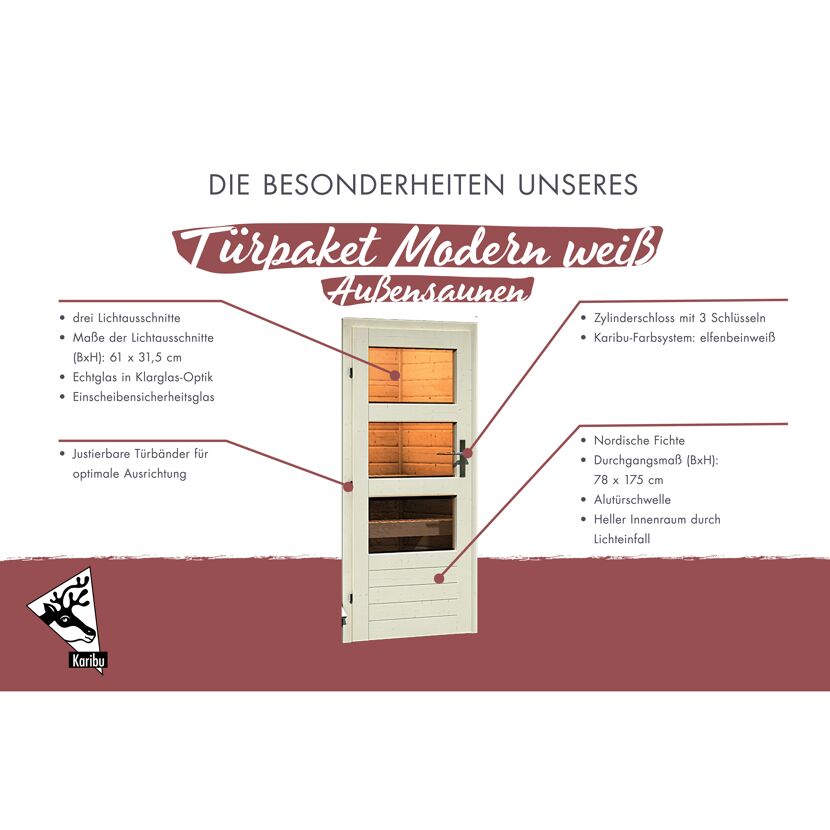 Weiße Saunatür mit drei Lichtausschnitten