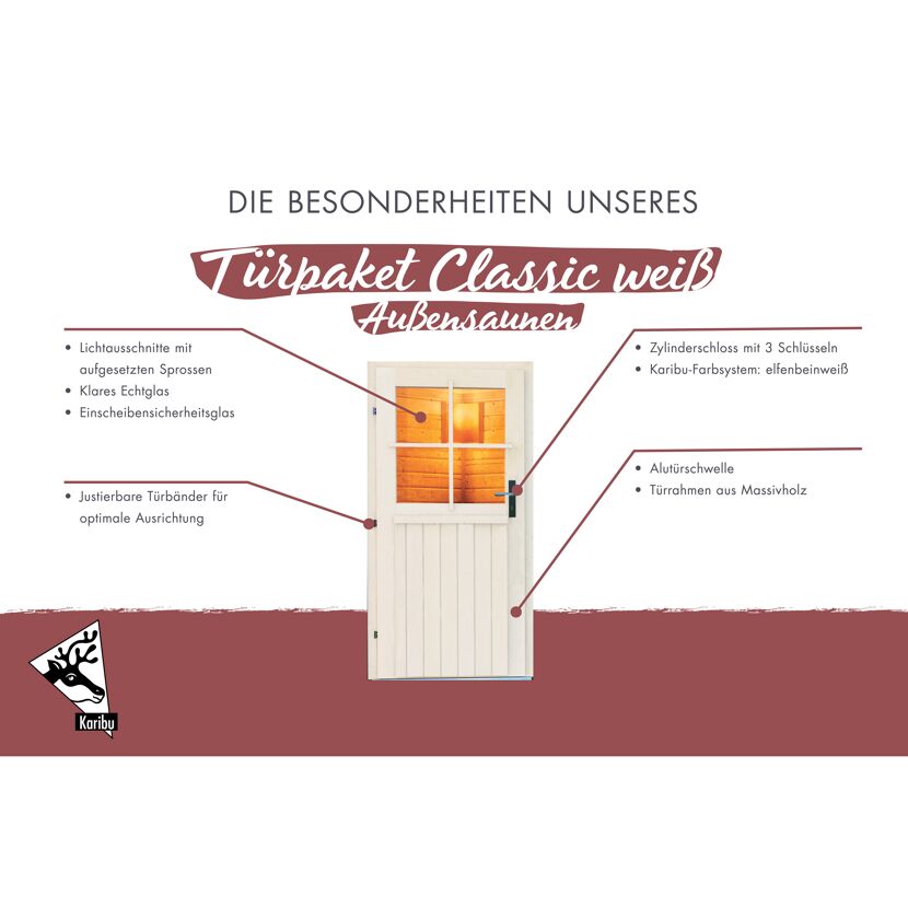 Weiße Saunatür mit Glaseinsatz und Beschlägen