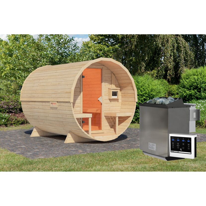 Fasssauna Größe 2 naturbelassen 9 kW Bio-Ofen externe Steuerung 225 x 295 x 229 cm