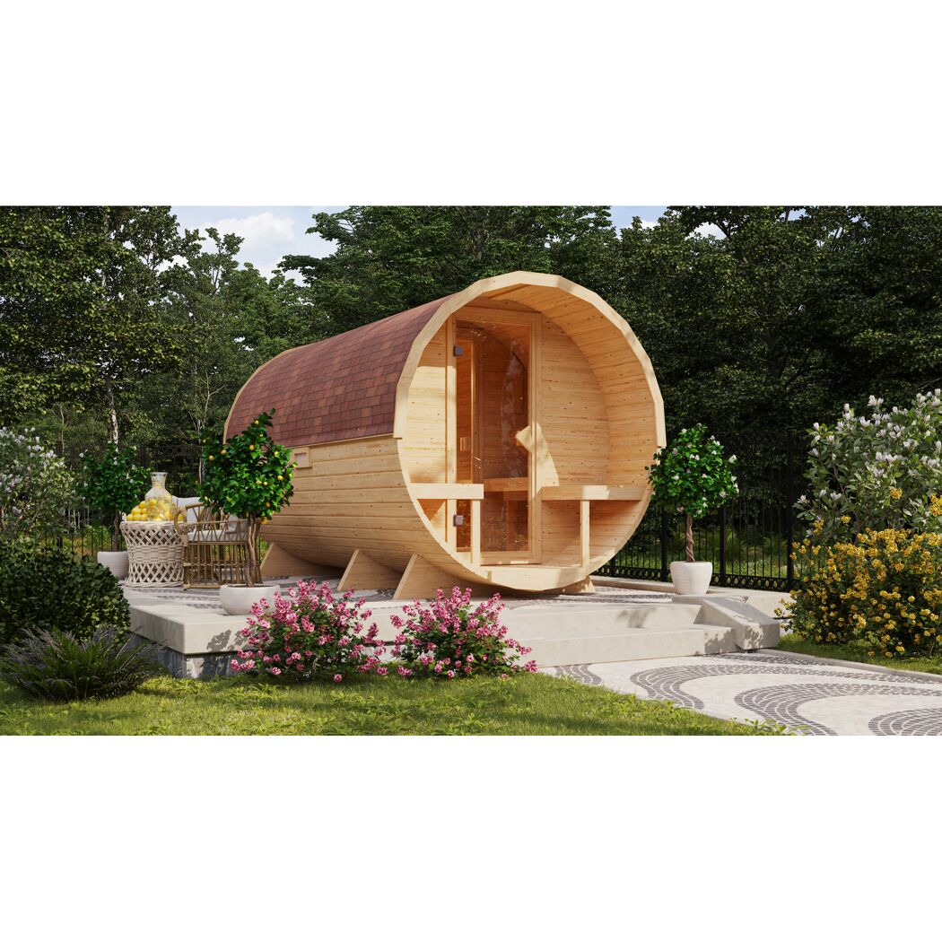 Fasssauna Größe 3 naturbelassen 9 kW Ofen externe Steuerung 225 x 385 x 229 cm