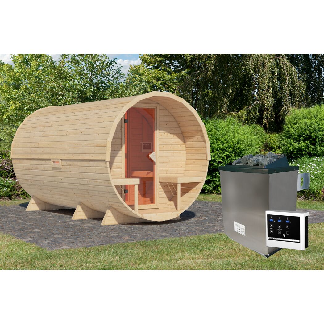 Fasssauna Größe 3 naturbelassen 9 kW Ofen externe Steuerung 225 x 385 x 229 cm