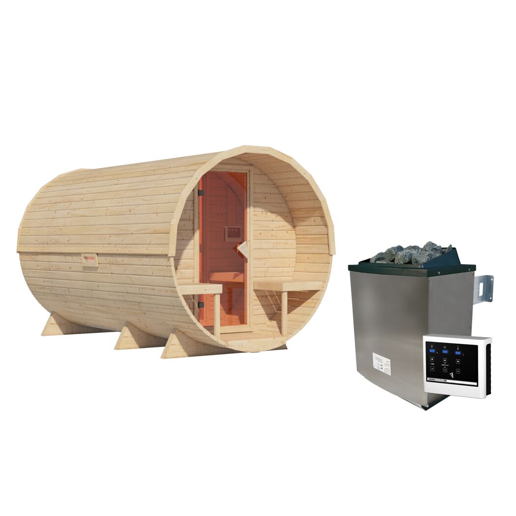 Fasssauna Größe 3 naturbelassen 9 kW Ofen externe Steuerung 225 x 385 x 229 cm