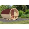 Fassförmige Sauna aus Holz mit Schindeldach
