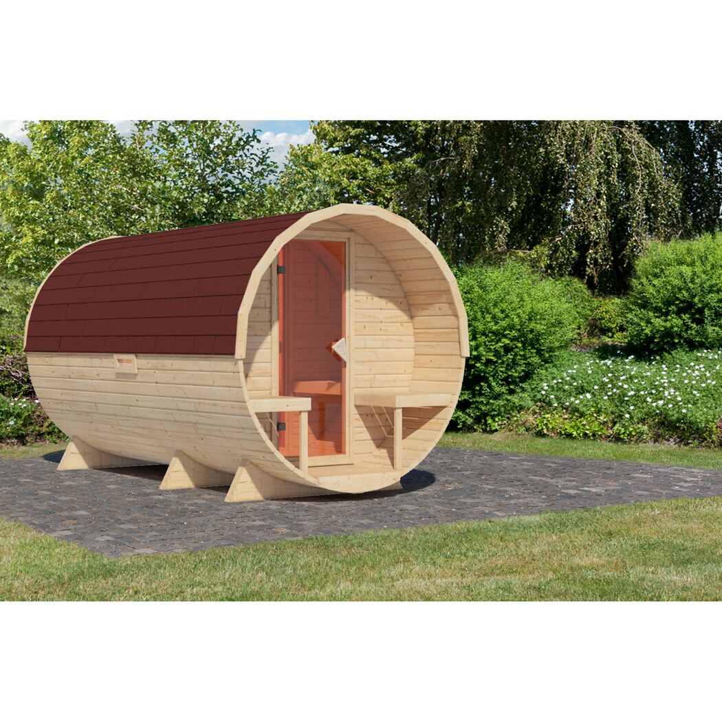 Fassförmige Sauna aus Holz mit Schindeldach